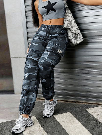 Women's Casual Camouflage Work Pants with Large Patch Pockets, Elastic Drawstring Waistband, and Tapered Cuffs, Suitable for Daily Outdoor Leisure Wear