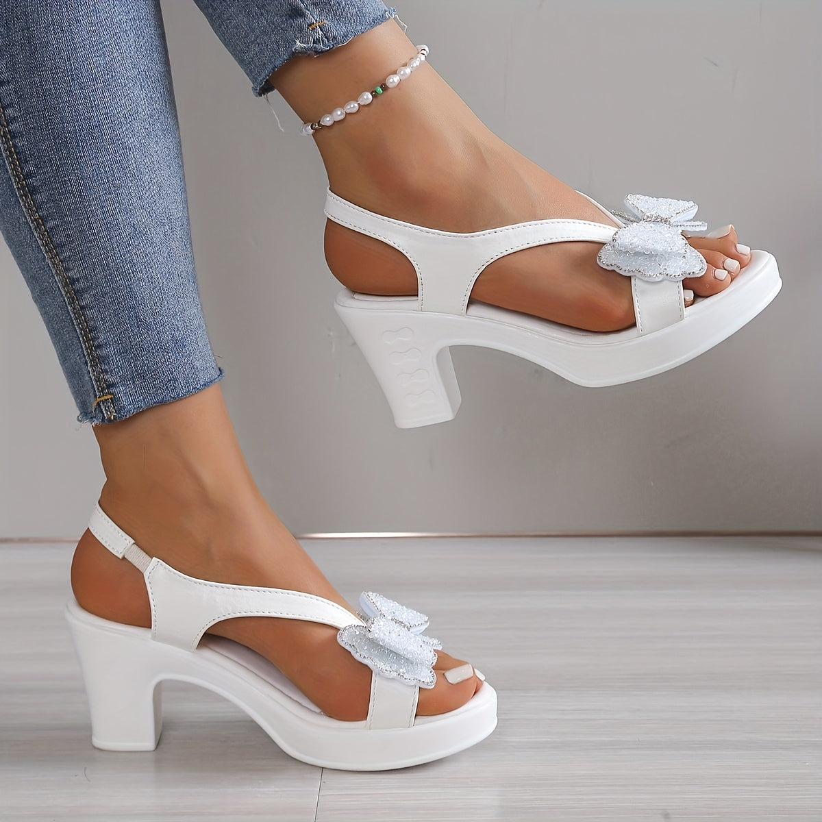 Women' Elegant White Platform Sandals with Glitter Bow Accents - Chunky Block Heel Open-Toe Slip-/Retro Backstrap Chunky Platform Heels Suitable for Beach, Casual Outfits, Summer Footwear - Sole & Sole for Durability, Women Shoes