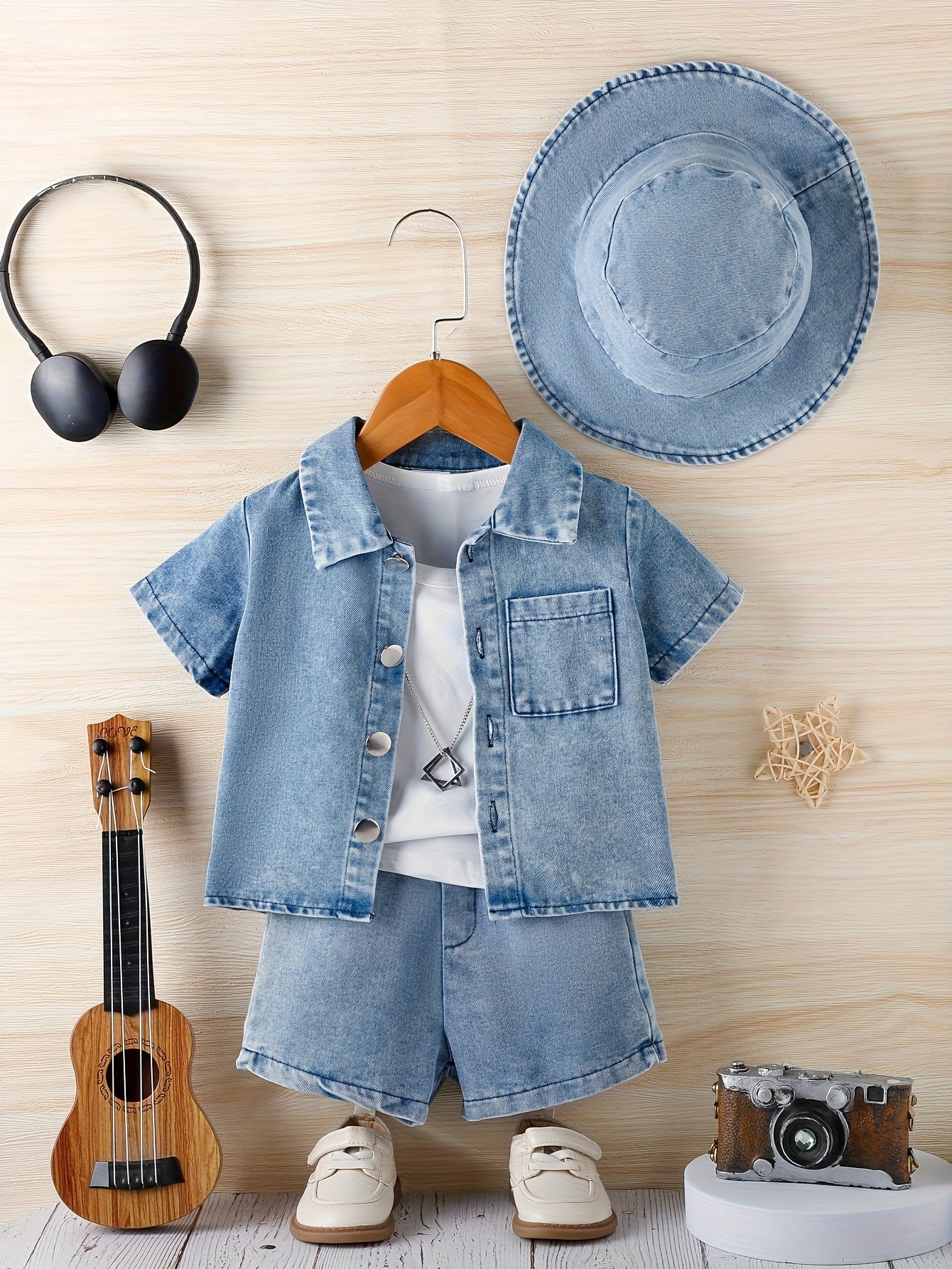 [Runs Large, Size 1 Size] Baby Boy 3pcs Summer Outfit Set, Soft Washed Denim Short Sleeve Lapel Jacket, Casual Denim Shorts And Matching Denim Bucket Hat, Daily Casual Clothes for 6-36 Months, Perfect for Outdoor