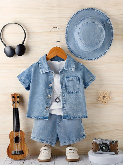 [Runs Large, Size 1 Size] Baby Boy 3pcs Summer Outfit Set, Soft Washed Denim Short Sleeve Lapel Jacket, Casual Denim Shorts And Matching Denim Bucket Hat, Daily Casual Clothes for 6-36 Months, Perfect for Outdoor
