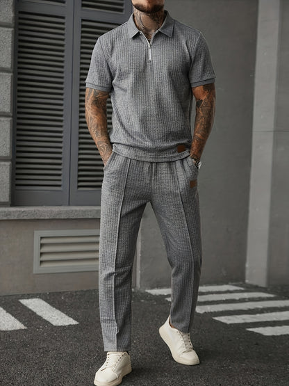 2pcs Men's Summer Commuter Casual Suit: Textured Fabric Half-zip Shirt Paired with Stitched Front Trousers, 2pcs Menswear, Vintage Style, Comfortable Fit.