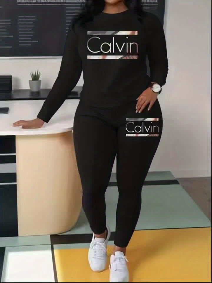 Women'S All-Season Casual Two-Piece Set - Oversized Round Neck Sweatshirt & Wide-Leg Pants with Letter Print, Soft Round-Neck Long Sleeve Outfit in /, Comfortable Casual Attire for Work, Semi-Formal Events & Everyday Outfits - Easy-Care Fabric