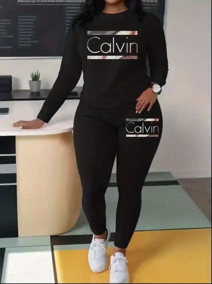 Women'S All-Season Casual Two-Piece Set - Oversized Round Neck Sweatshirt & Wide-Leg Pants with Letter Print, Soft Round-Neck Long Sleeve Outfit in /, Comfortable Casual Attire for Work, Semi-Formal Events & Everyday Outfits - Easy-Care Fabric