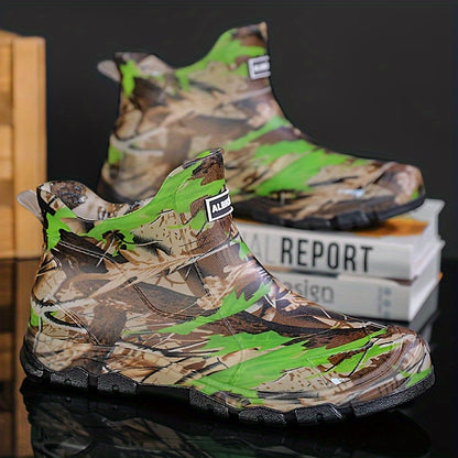 Men's Camouflage Rain Boots- Thick Sole, Slip-On Outdoor Fishing Shoes with "ALPHA" Branding, All-Season Comfort for Hiking& Casual Wear, Hiking Boots, Durable Footwear