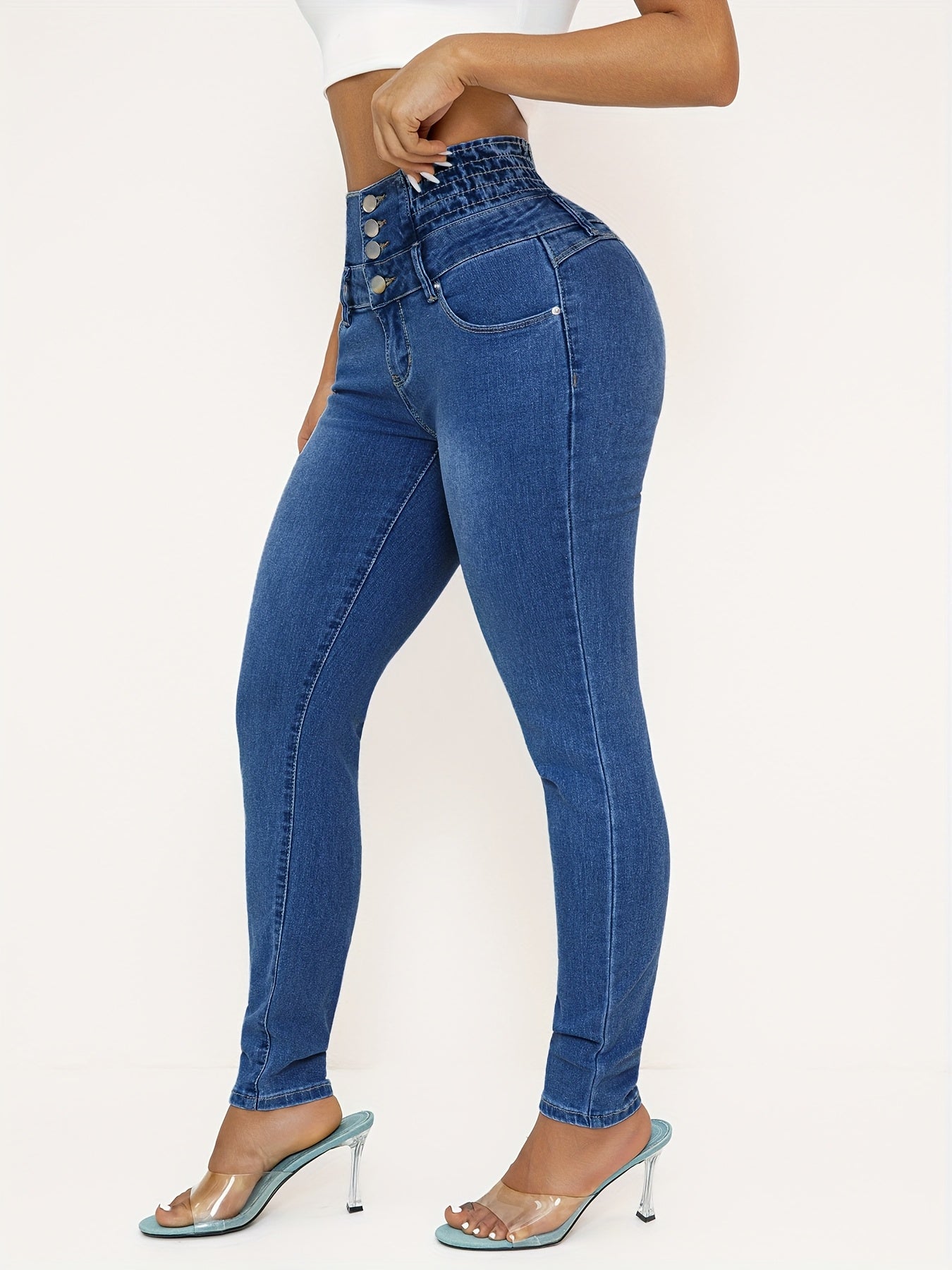 High Waist Skinny Jeans For Women, Casual Stretch Denim, Solid Color, Slim Fit, With Shirring Detail, For All-Season Pants