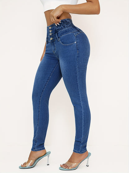 High Waist Skinny Jeans For Women, Casual Stretch Denim, Solid Color, Slim Fit, With Shirring Detail, For All-Season Pants