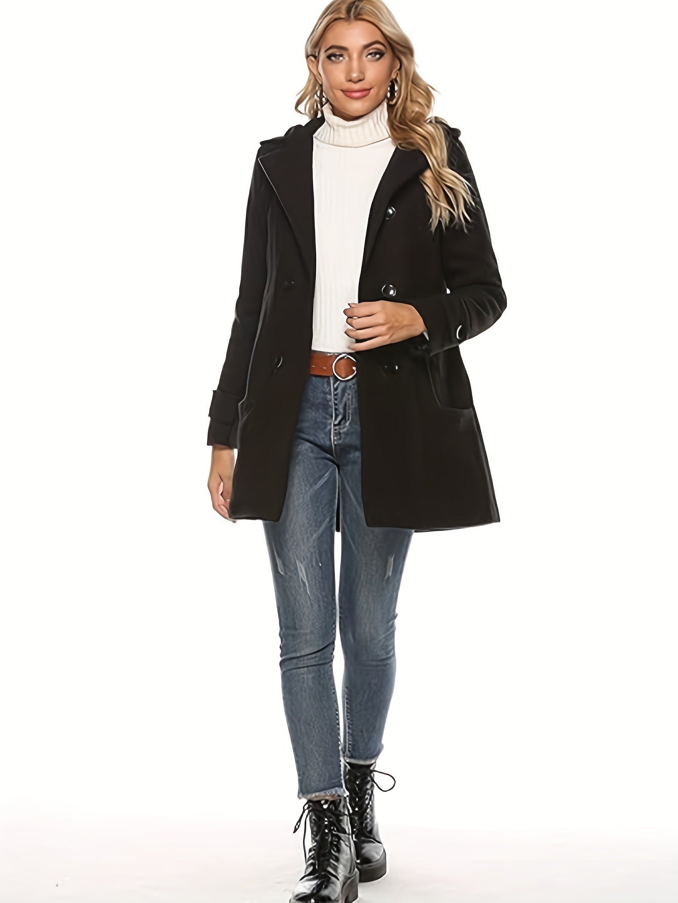 Women'S Cozy Double-Breasted Wool Peacoat Trench Jacket with Hood