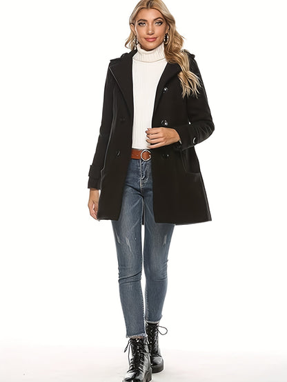 Women'S Cozy Double-Breasted Wool Peacoat Trench Jacket with Hood