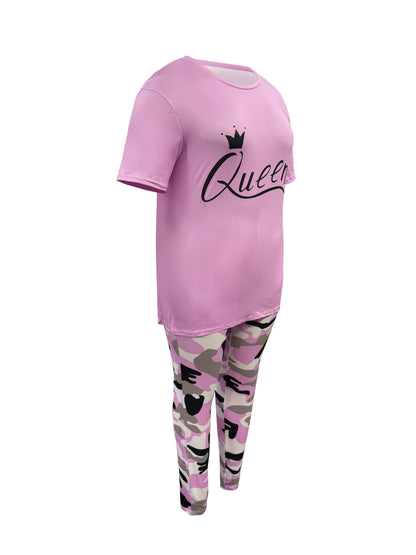 Plus Size - LADIES' Plus Size Daily Fashion Casual Set: Letter Print Crew Neck Short Sleeve T-shirt + Camouflage Long Pants With Pockets