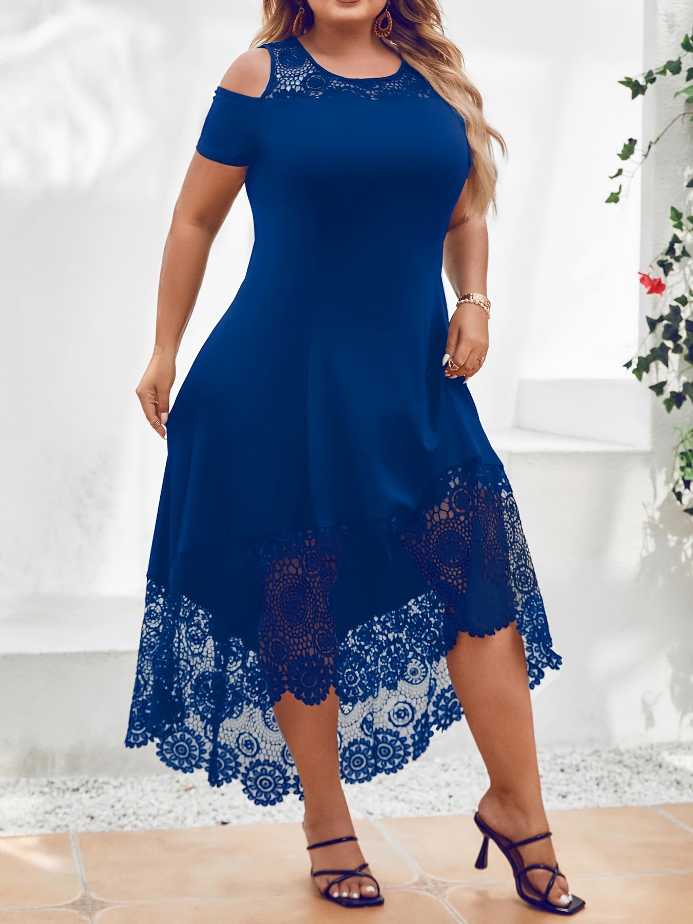 Women'S Plus Size Ruffle Dress for Spring and Summer, Color Block Lace Cold Shoulder Design with Medium Stretch and Asymmetrical Hem
