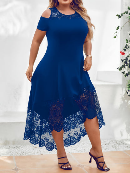 Women'S Plus Size Ruffle Dress for Spring and Summer, Color Block Lace Cold Shoulder Design with Medium Stretch and Asymmetrical Hem