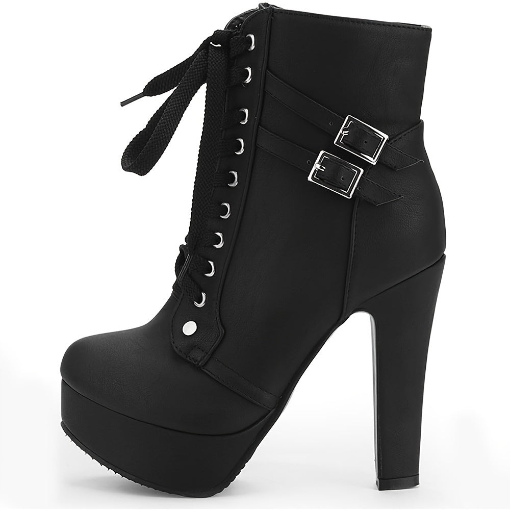 High Heel Boots for Women, Womens Platform Boot Heels Sexy Round Toe Lace UP High Heels Mid Calf Boots, Women Shoes