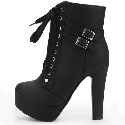 High Heel Boots for Women, Womens Platform Boot Heels Sexy Round Toe Lace UP High Heels Mid Calf Boots, Women Shoes