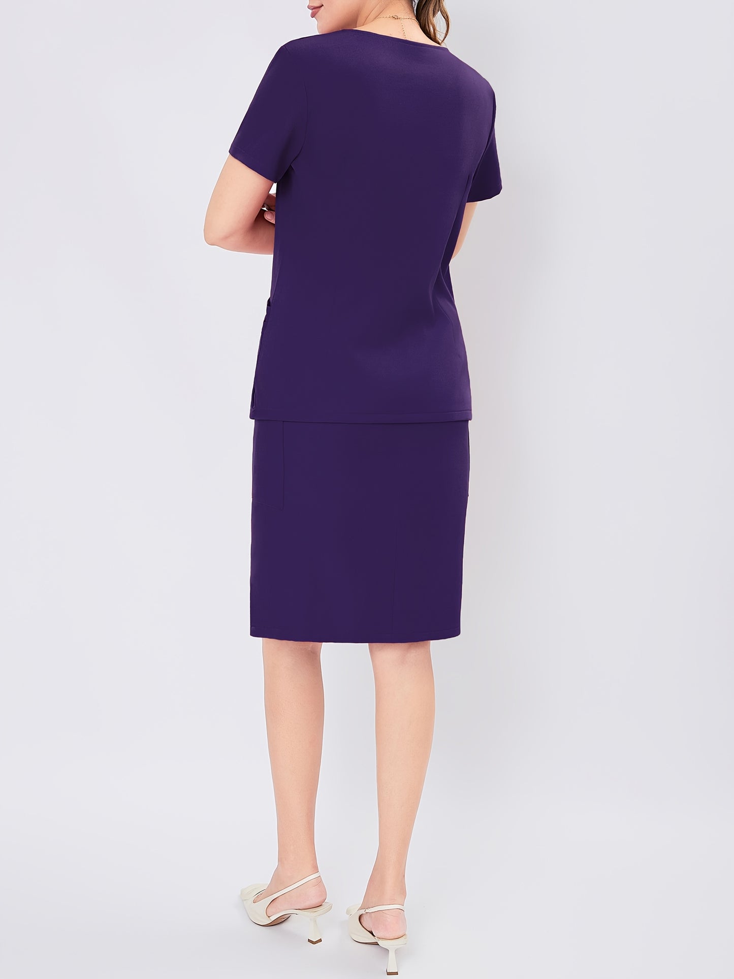Women's V-Neck Button-Up Scrub Set, Fashionable Short Sleeve Beauty Salon Medical Hand Wash Uniform, Polyester Blend, Casual Style, Regular Fit, Solid Color, Straight Sleeve, Knee-Length Skirt with Pockets, Pullover Top