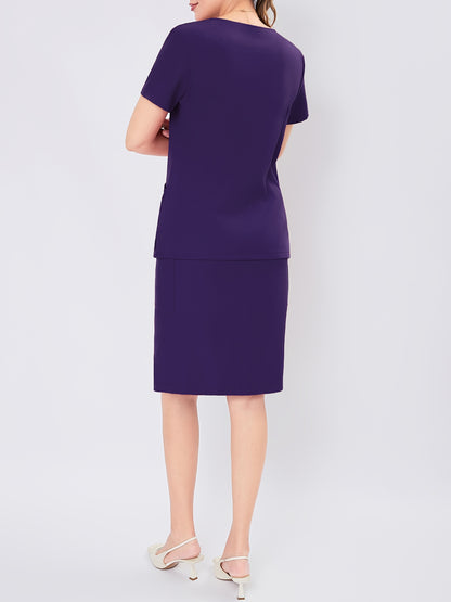 Women's V-Neck Button-Up Scrub Set, Fashionable Short Sleeve Beauty Salon Medical Hand Wash Uniform, Polyester Blend, Casual Style, Regular Fit, Solid Color, Straight Sleeve, Knee-Length Skirt with Pockets, Pullover Top