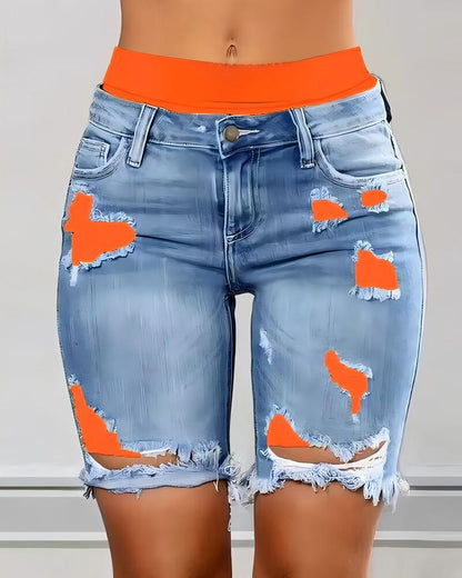 Denim Shorts, Color Block Printed Ripped Shorts/w Fitness Running Shorts