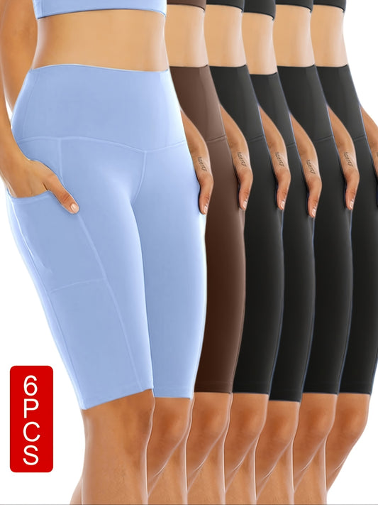 6pcs Set Of Women's Cycling Shorts with Pockets, High Waist Belly-closing Exercise Yoga Running Fitness Tennis Shorts Large Size Sports Shorts