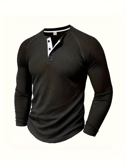 Men's Solid Color Casual Shirt - Crew Neck Long Sleeve
