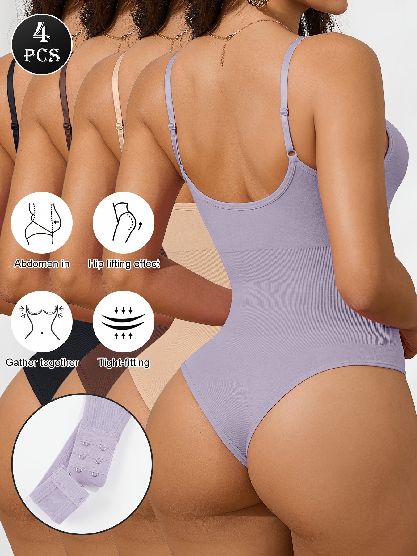 4pcs Women's High- Shapewear Bodysuit 1pc Suitable for Postpartum, Tummy & Waist Cincher with Hip Lift, Thong Underwear for Gym, Casual Attire, Hand Washable Solid Color (No Chest Pads)