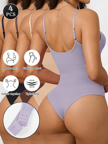 4pcs Women's High- Shapewear Bodysuit 1pc Suitable for Postpartum, Tummy & Waist Cincher with Hip Lift, Thong Underwear for Gym, Casual Attire, Hand Washable Solid Color (No Chest Pads)