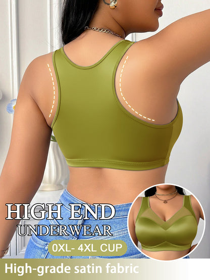 Wire-Free Plus Size Bra for Women - Mesh Design, Glossy Satin Seamless Underwear, Comfortable Breathable Soft Support, Non-Adjustable Straps with Non-Removable Padding, Nylon Smooth Plus Size Bra, Perfect for Everyday Casual Wear