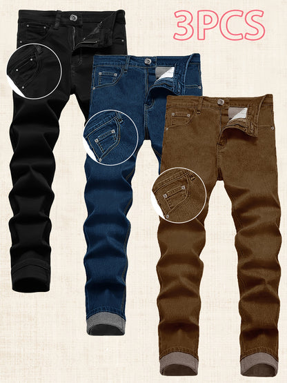 3pcs Men's Slim Fit Jeans - Stretch, Stylish, Versatile All Year Round Trousers | Wardrobe Essential & Boyfriend Gift