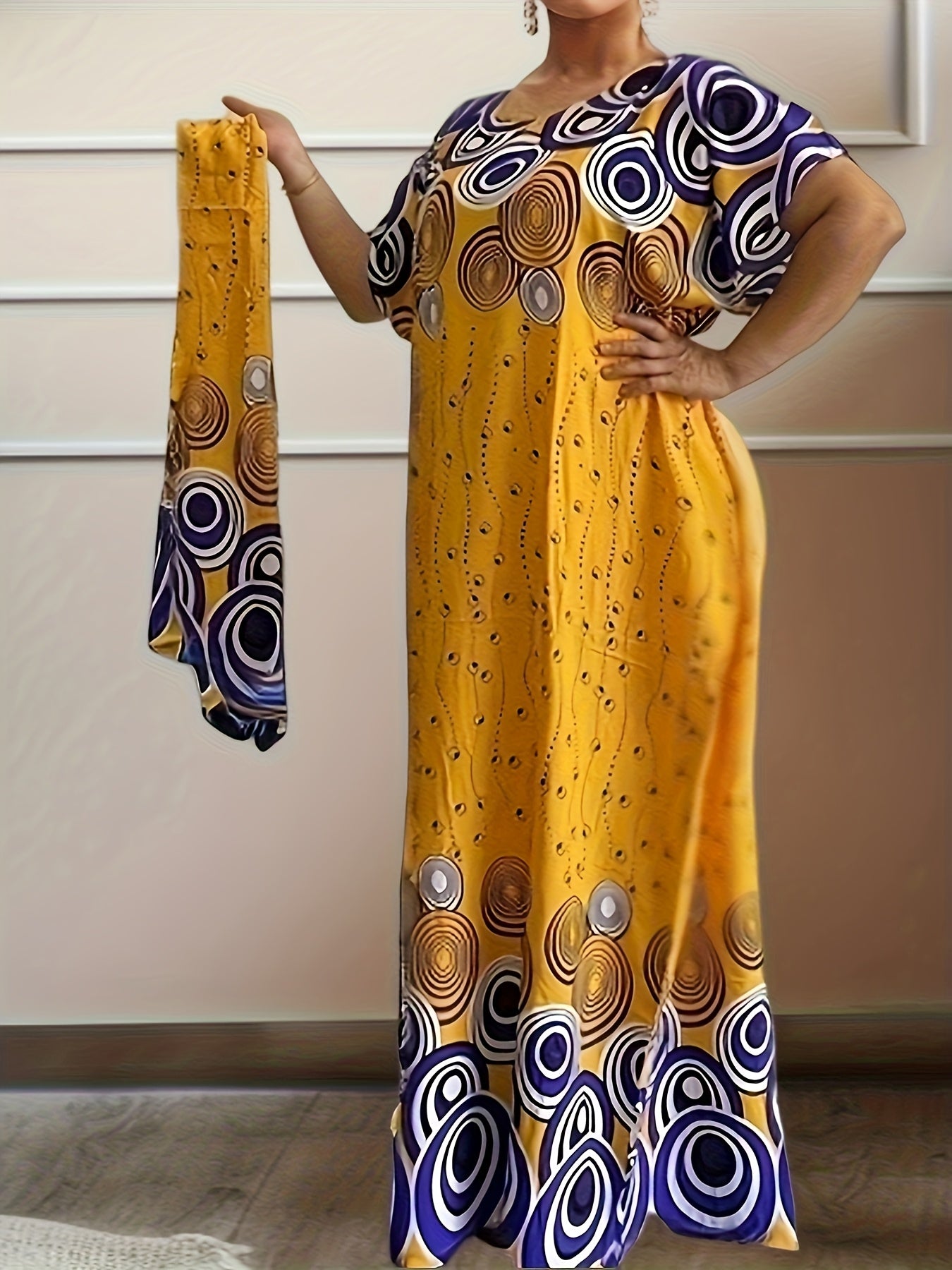 Geo Print Boat Neck Loose Dress, Elegant Batwing Sleeve Maxi Cover Up Dress, Women'S Clothing