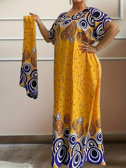 Geo Print Boat Neck Loose Dress, Elegant Batwing Sleeve Maxi Cover Up Dress, Women'S Clothing