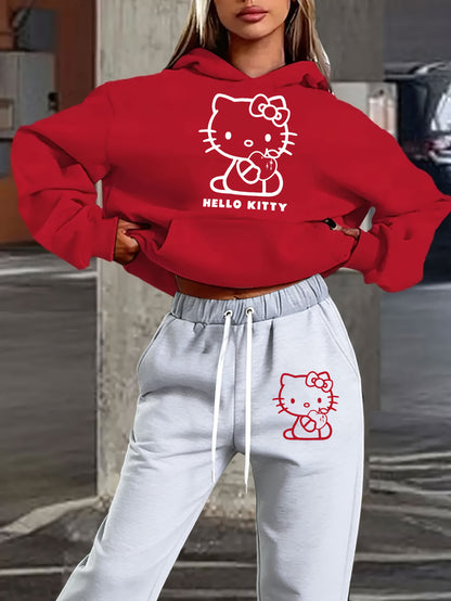 Women's Autumn and Winter Fashion Casual Sweater Casual Pants 2pcs Set, Printed with Sanrio Hello Kitty Pattern Print Design, Women's Casual Pants Set, Fashion Hooded Sweater + Drawstring Trousers 2pcs Set, Loose Version