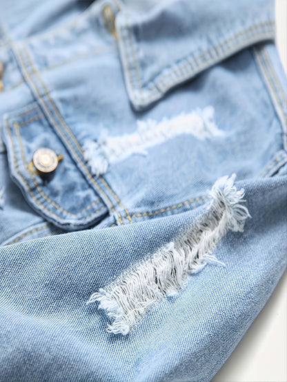 Chic Ripped Denim Jacket, Men's Casual Multi Pocket Street Style Denim Jacket