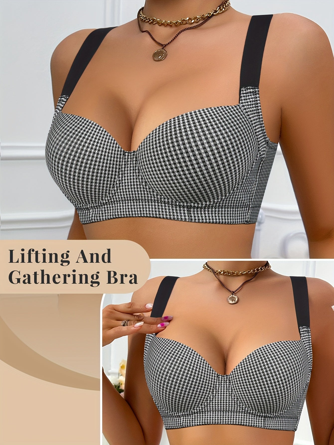 High-end Black And White Checkered Women's Bra with Underwire And Wide Shoulder Straps