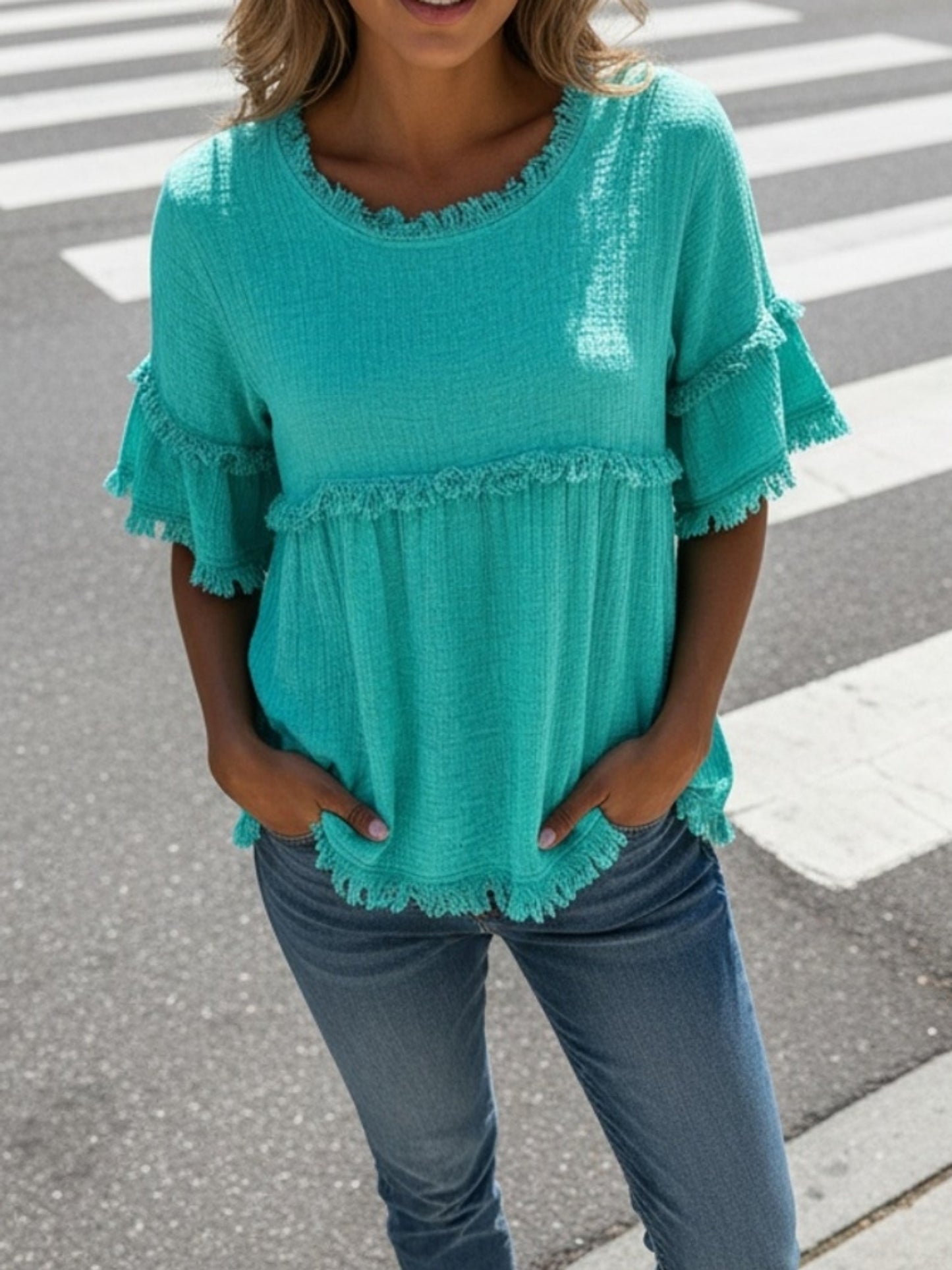 Women'S Round Neck Short Sleeve Casual Blouse with Fringed Trim