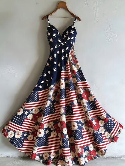 Women's Patriotic Maxi Dress - A-Line Silhouette, Suitable for Vacation, Leisure & Beach Outings, Loose Fit, National Flag Pattern, Sleeveless, V-Neck, Red National Flag Design with Built-In Cups