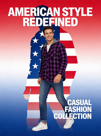 3pcs Set Men'S Hooded Plaid Long-Sleeve Shirt with Buttons, Suitable for Casual Home Wear in Spring And Autumn