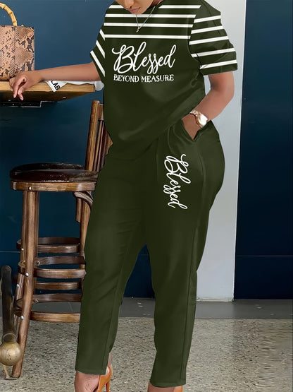 Plus Size, Ladies Plus Size 2pcs Suit, Letter Printing with Blessing, Pinstripe Coat, Trousers with Pockets, Ladies' Daily Casual Fashion Suit.