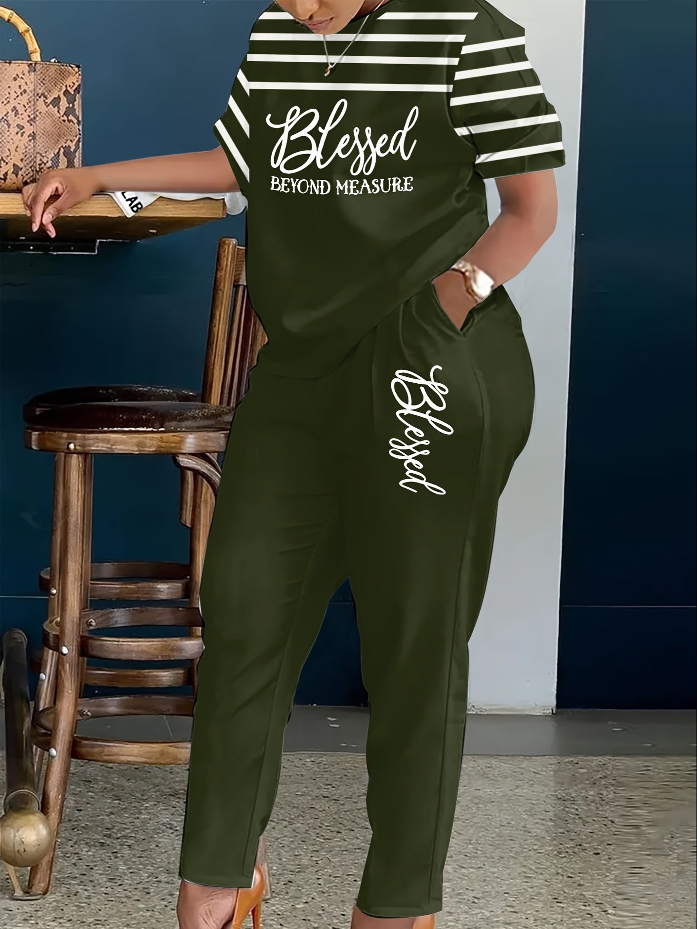 Plus Size, Ladies Plus Size 2pcs Suit, Letter Printing with Blessing, Pinstripe Coat, Trousers with Pockets, Ladies' Daily Casual Fashion Suit.