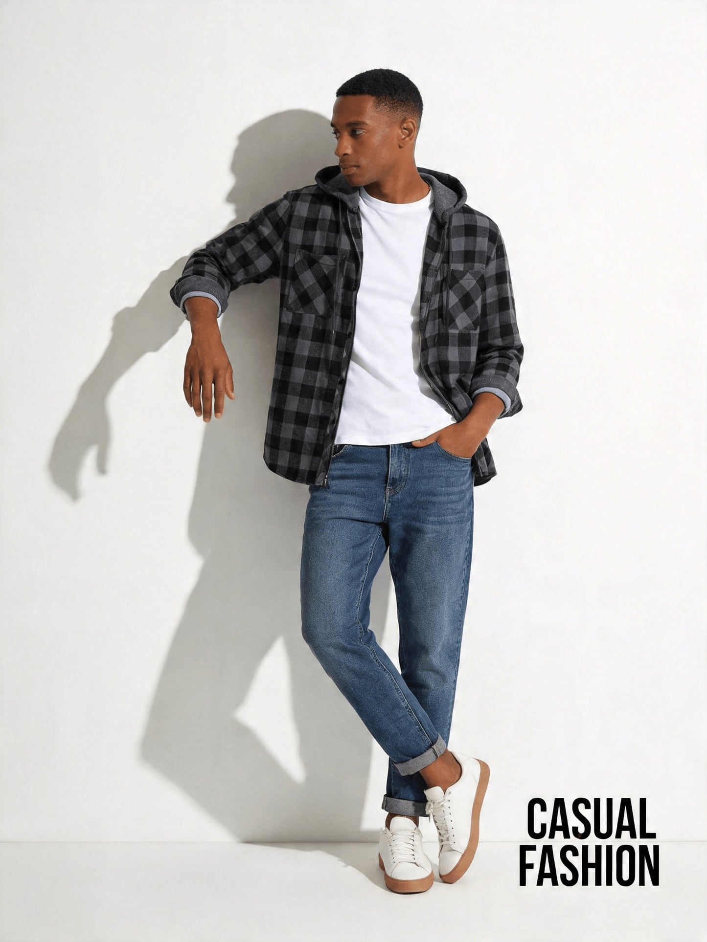 3pcs Set Men'S Hooded Plaid Long-Sleeve Shirt with Buttons, Suitable for Casual Home Wear in Spring And Autumn