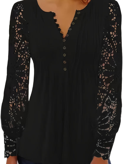 Plus Size - European And American Spring And Autumn Fashion New Women'S Lace Lace Lace Sleeves Pressed Pleated Solid Color Button T-shirt Bottom