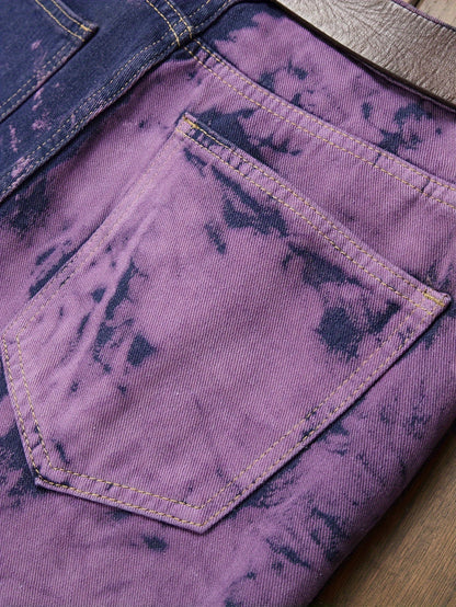 Fashion Trends Stacked Multi-post Fabric Tassels Holes Irregular Tie Flower Splashed Ink Jeans Casual Men's Trousers