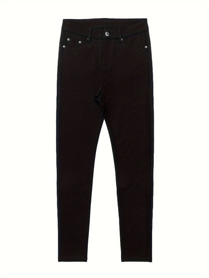 Women's High-Waisted Stretch Street Style Solid Black Skinny Fashion Metal Button Detail Casual Jeans