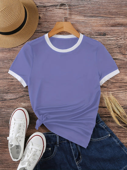 Short-Sleeved T-Shirt with Contrast Trim, a Casual Crew Neck Top Suitable for Spring And Summer, Designed for Women