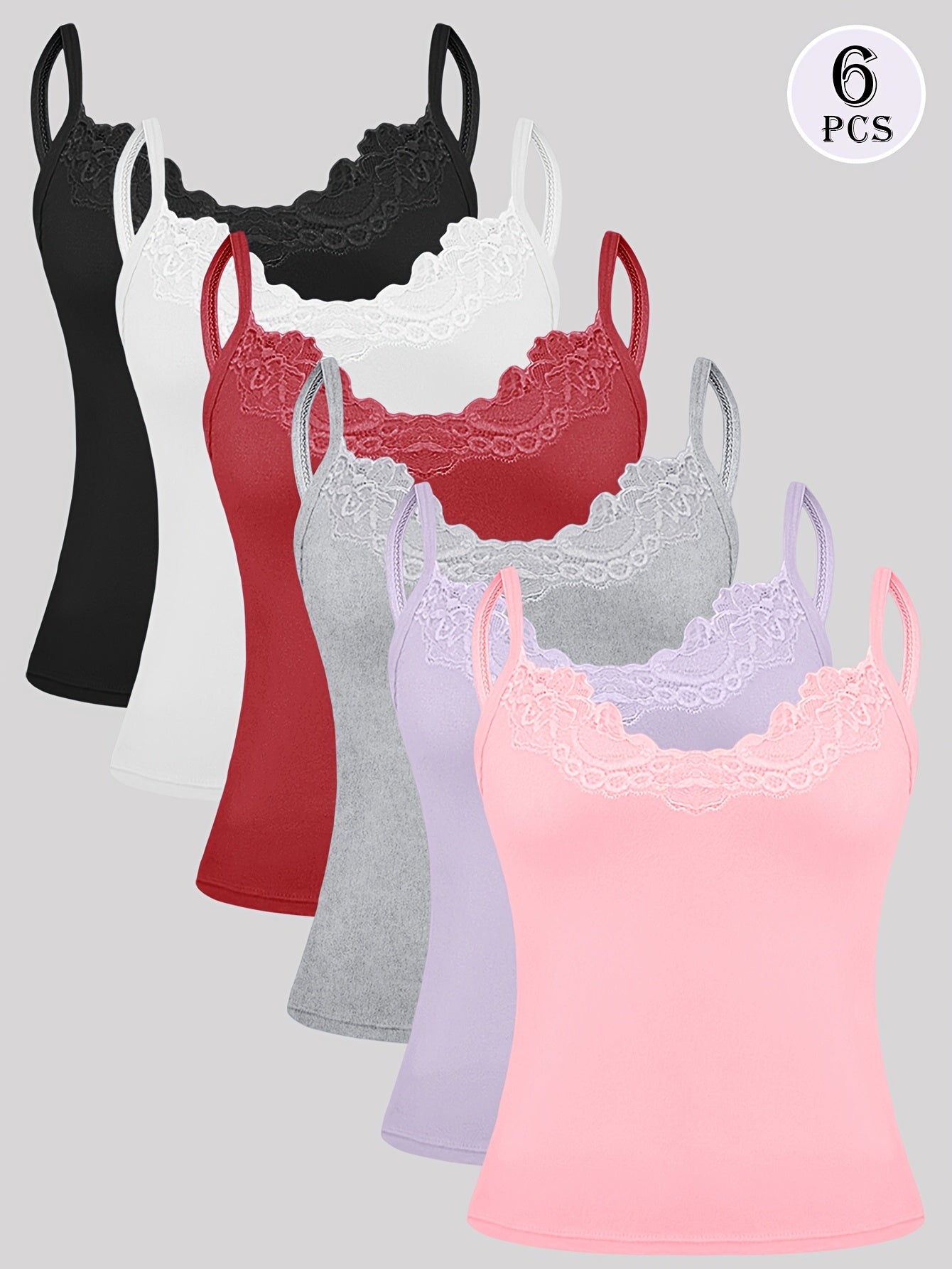 6-Item Collection: Elegant And Alluring Solid Color Lace Camisole for All Seasons, Fitted Underwear Base Layer Garment