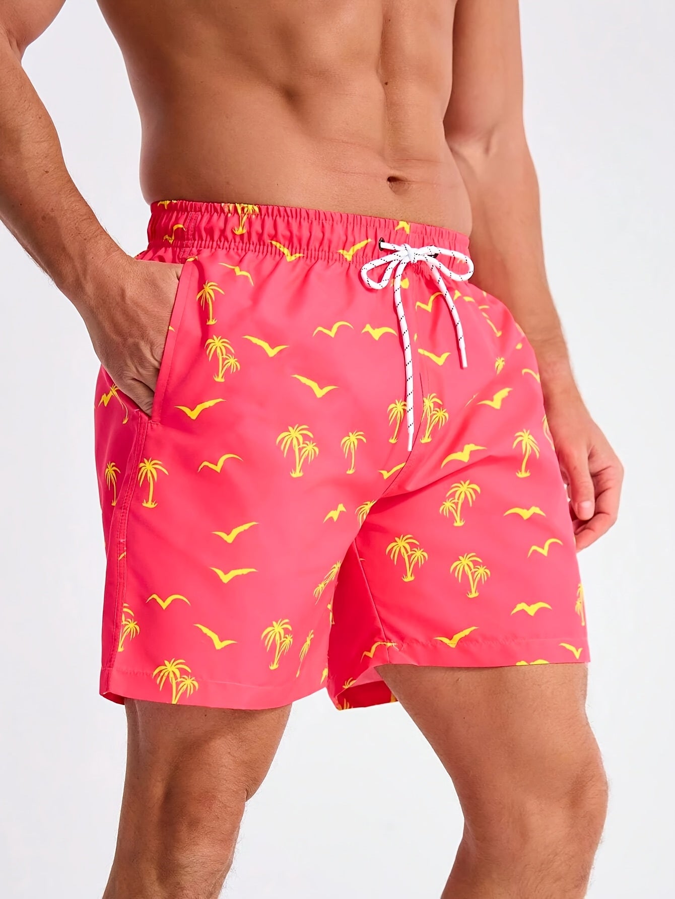 2 Pairs Of Men's Minimalist Palm Tree Seagull Silhouette Print Beach Pants, Loose-fit Quick-dry Tie-dyed Swim Shorts with Pockets for Beach Vacations And Surfing
