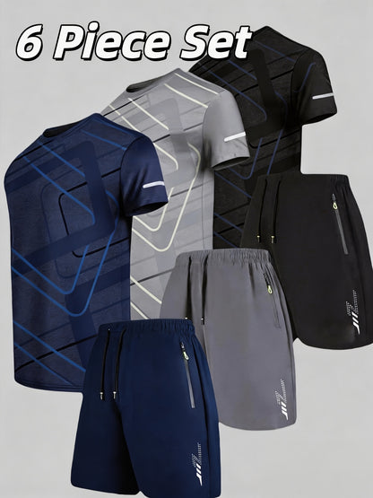 Men'S 6pcs Geometric Pattern T-shirt & Shorts Set, Breathable Quick-Dry Athletic Tracksuit for Men, Ideal for Gym, Running, Workout & Daily Casual Wear