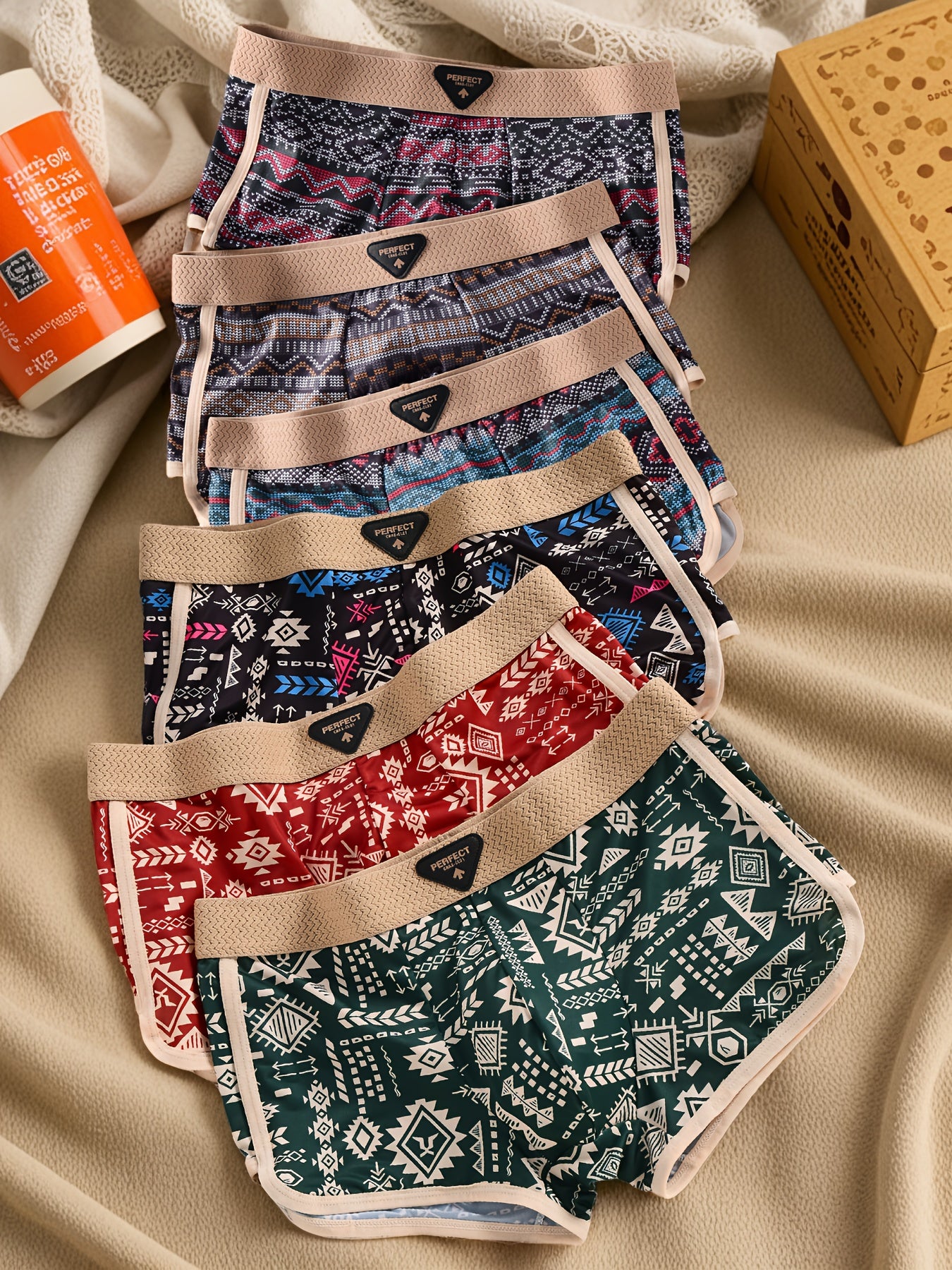 6-Pc Men'S Breathable Quick-Dry Boxer Briefs - Lightweight Fabric, Ultra-Soft And Stretchy (Beige/Tribal/Geometric Prints) for Running, Gym And Daily Wear