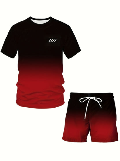 Men's Large Size 2pcs Matching Outfit: Casual Striped T-Shirt & Drawstring Shorts - Breathable Summer Matching Clothes Suitable for Vacation, Gym, Beachwear - Machine Washable Comfortable Wear, PLUS SIZE