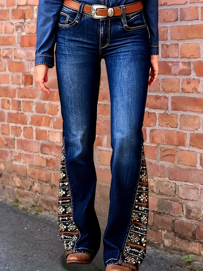 Ladies' Flared Jeans with Vibrant Paisley Design - Retro-Style, Chic Commuter Bell Bottom Denim Trousers, Washable in Machine, No Belt Required