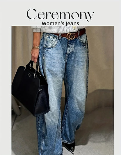 [Retro Wide-Leg Jeans] Ladies' Retro Wide-Leg Jeans, Heavy-Duty Washed Jeans, Jeans With A Gradient Design From Light Blue To Dark Blue