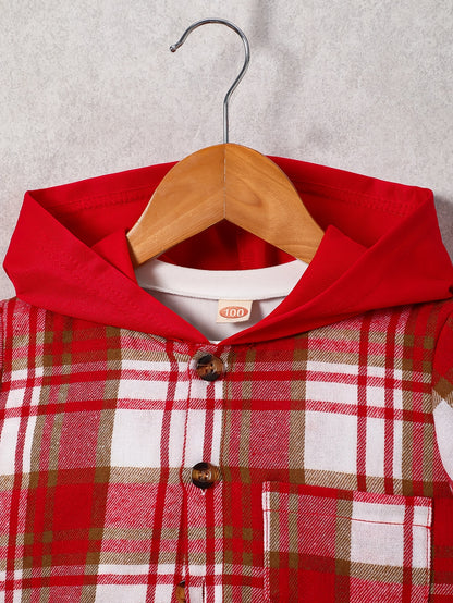 2pcs, Children's Short-sleeved Plaid Shirt Shorts Hooded Top Cardigan Fashion Casual Children's Shorts Set, Perfect for Outdoor