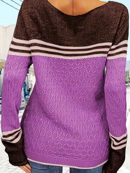 Color Block Sweater with Crew Neck, Casual Long Sleeve Pullover for Autumn And Winter, Women'S Apparel